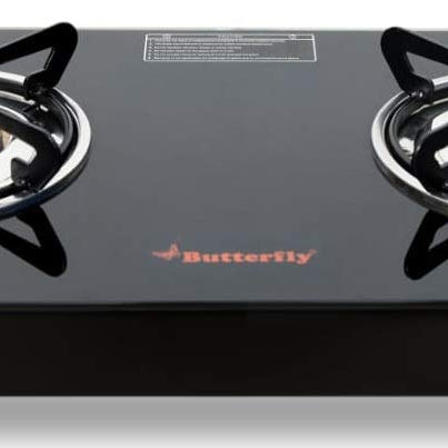 Butterfly Smart Glass Top 2 Burner Open Gas Stove (Black), Manual Ignition