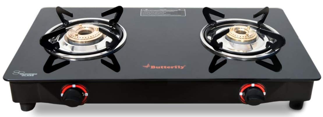 Butterfly Smart Glass Top 2 Burner Open Gas Stove (Black), Manual Ignition