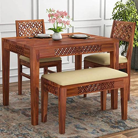 B. N. FURNITURE Solid Sheesham Wood 4 Seater Dining Room Sets || Wooden Dining Table Set with 2 Chairs and 1 Bench|| Dining Table Set for Home Living Room Furniture (CNC-D3, 4 Seater)