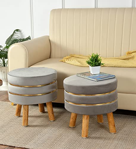 NACIA Pouffes Stool for Living Room Set of 2 Sitting Ottoman Foam Cushioned Pouffe Puffy for Foot Rest Home Furniture with 4 Wooden Legs Velvet Stool for Office Home Decor, 16 Inch, Grey