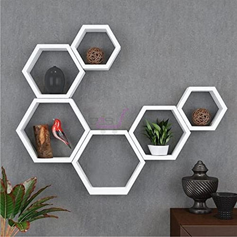 Dream Arts Shoppee Hexagon Shape Set of 6 Floating Wall Shelves and Racks for Living Room (White, Deco Colour Finish,Engineered Wood)