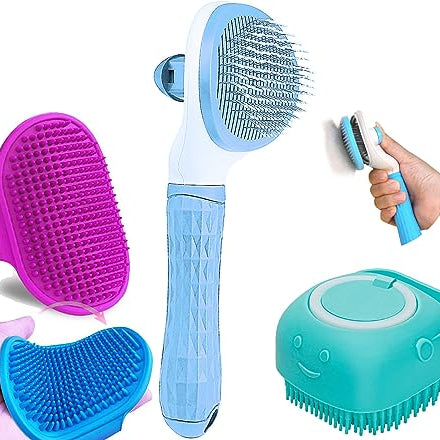 Style Keepers 3 Pcs Self Cleaning Slicker Shedding Brush Pet Grooming Bath Massage Brush with Soap and Shampoo Dispenser Soft Silicone Bristle for Long Short Haired Dogs Cats Shower Tick Remover Shower Bathing