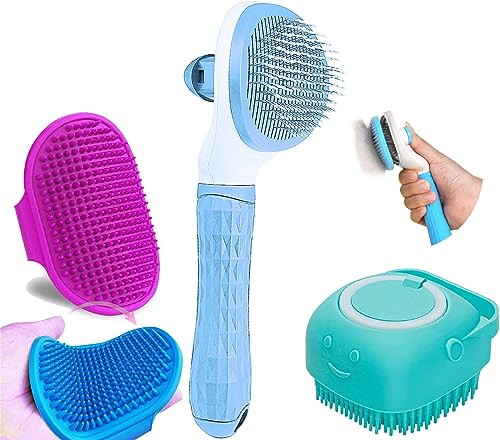 Style Keepers 3 Pcs Self Cleaning Slicker Shedding Brush Pet Grooming Bath Massage Brush with Soap and Shampoo Dispenser Soft Silicone Bristle for Long Short Haired Dogs Cats Shower Tick Remover Shower Bathing