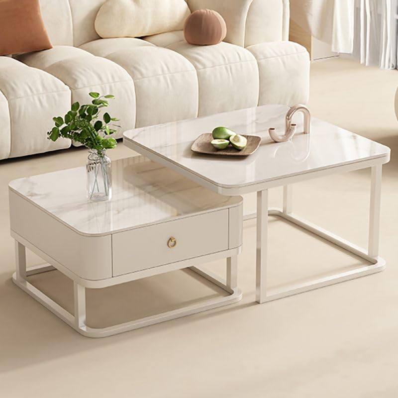 EXPRESSOW ENTERPRISES Marbled Look Square Coffee Table Set, 2 Piece Stackable Center Table Modern End Tables with Storage Drawer and Metal Frame (White)