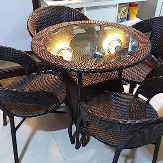 Ratan Indai Garden Patio 4 Seater Chair and Table Set Outdoor Balcony Garden Coffee Table Set Furniture with 1 Table and 4 Chairs Set