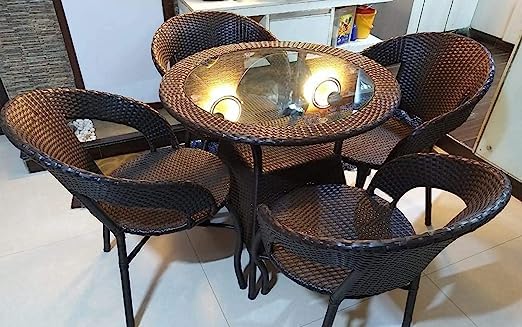 Ratan Indai Garden Patio 4 Seater Chair and Table Set Outdoor Balcony Garden Coffee Table Set Furniture with 1 Table and 4 Chairs Set