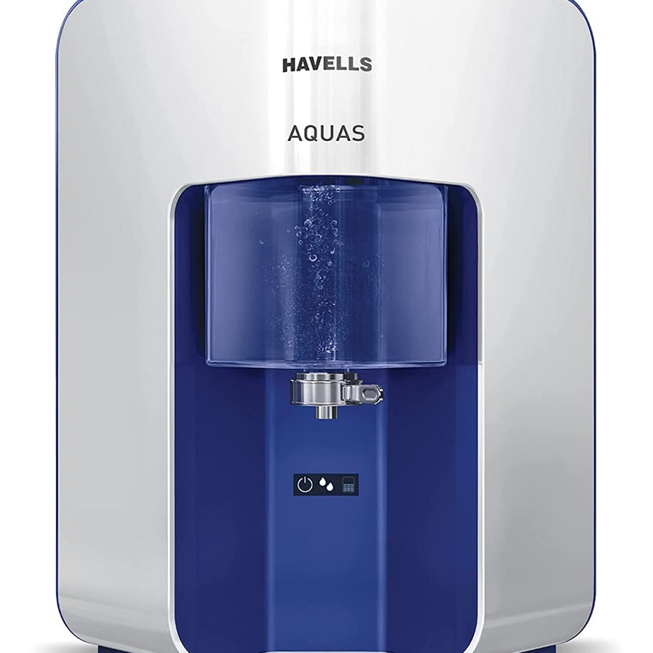 Havells AQUAS Water Purifier (White and Blue), RO+UF, Copper+Zinc+Minerals, 5 stage Purification, 7L Tank, Suitable for Borwell, Tanker & Municipal Water