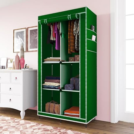 Whitecloud TRANSFORMING HOMES Collapsible Wardrobe Closet for Clothes Almira, 2 Hanging Space, 6 Shelves, 1 Side Pocket Non-Woven Fabric 7700-3