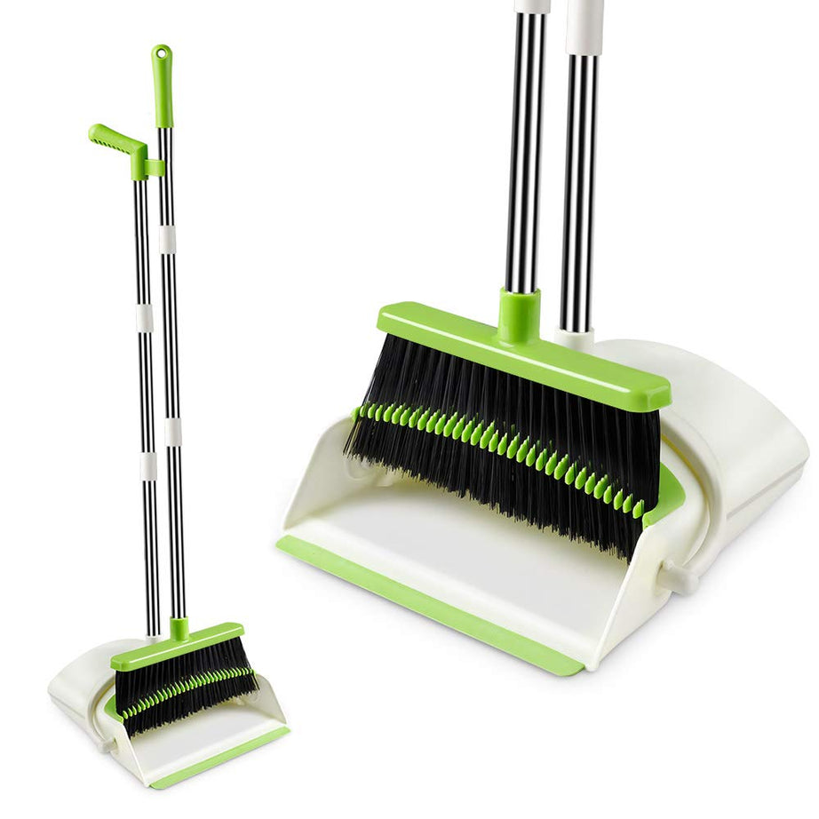 Kelamayi Rubber Extendable Broom&Dustpan Set,Durable&Foldable Lobby Broom&Upright Dust Pan Combo With Long Handle,Ideal For Kitchen,Home&Indoor Use By Kelamayi (Yellow&Green),Hard Floor