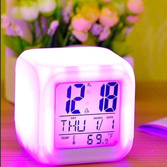 Meesa Color Changing Digital Led Alarm Clock For Table Home Decor Desk Night Table Watch Temperature/Day/Month/Date/Time/Alarm - Plastic, 10 Cm, 3.81 Cm, Multicolor