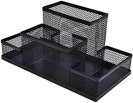 Shopoware 4 Compartment Metal Mesh Desktop Organizer Pen And Pencil Stationery Storage Holder For Home, Study, Stationery And Office Accessories - Black