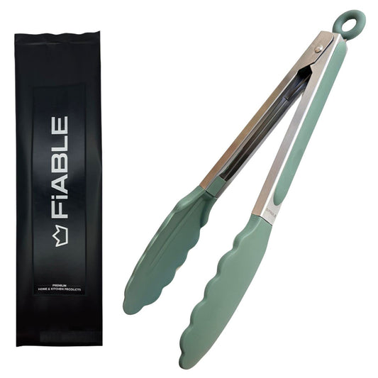 FiABLE Premium Steel and Silicone Food Tongs for Kitchen, Barbeque, Serving - 10 inch - 230°C Heat-Resistant - Green Tongs