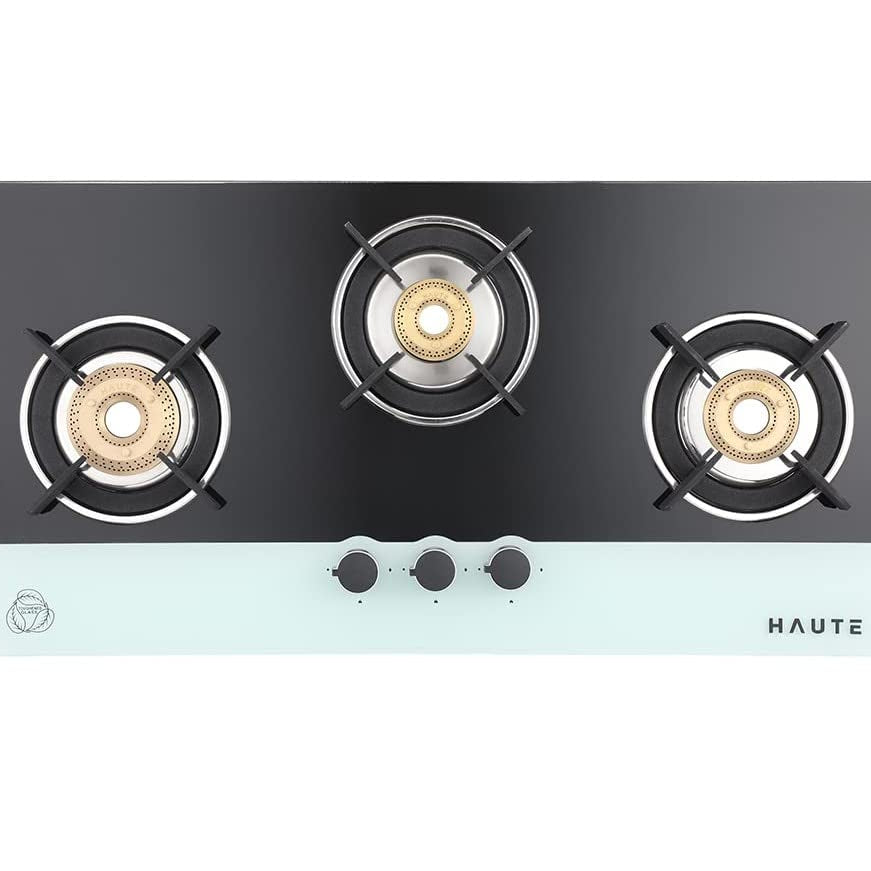 Haute Evoque Series 2.0 x SABAF Blak&White 3 Burner Manual Ignition Glass Gas Stove |8mm Atom Glass | 2 Year Manufacturing warranty (5 Year on Burners,Valves,Glass)| Door Step service