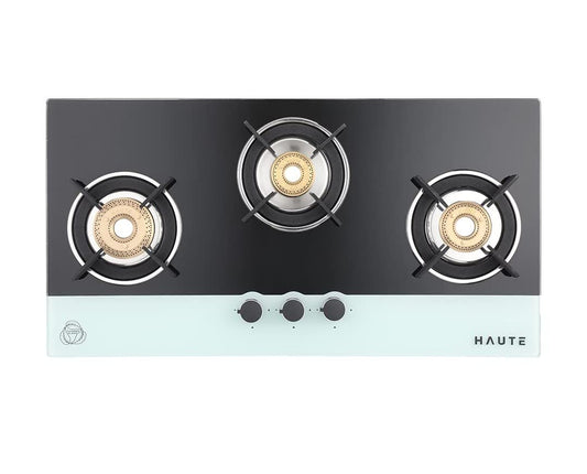 Haute Evoque Series 2.0 x SABAF Blak&White 3 Burner Manual Ignition Glass Gas Stove |8mm Atom Glass | 2 Year Manufacturing warranty (5 Year on Burners,Valves,Glass)| Door Step service