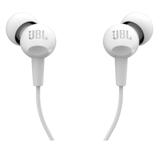 JBL C100SI Wired In Ear Headphones with Mic, JBL Pure Bass Sound, One Button Multi-function Remote, Premium Metallic Finish, Angled Buds for Comfort fit (White)