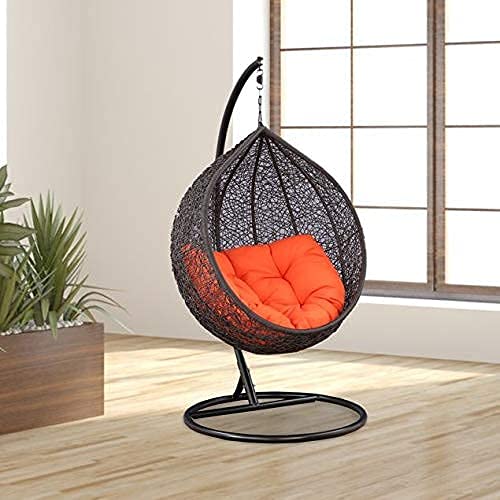 SKP Single Seater Swing Chair with Stand & Cushion Outdoor Indoor Balcony Garden Patio,Powder Coated Frame,UV Protected Wicker,Premium Cushion