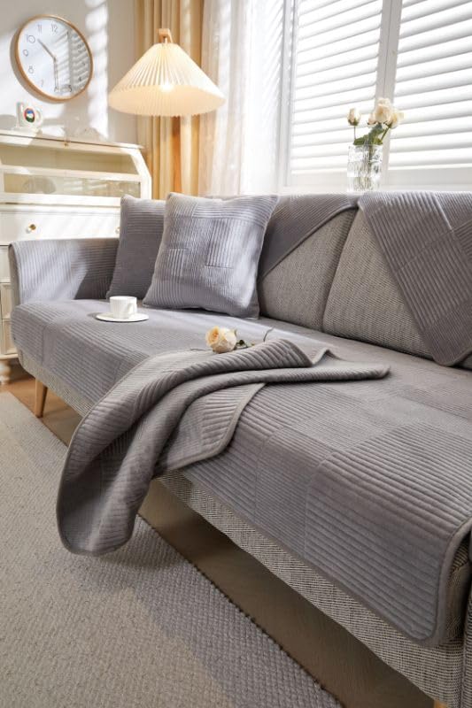 HOMETHREADS Innovative Premium Velvet Sofa Cover Mat with PVC Backing for Non-Slip Comfort | Pack of 1 (Grey_Abstract, 1 Seater)