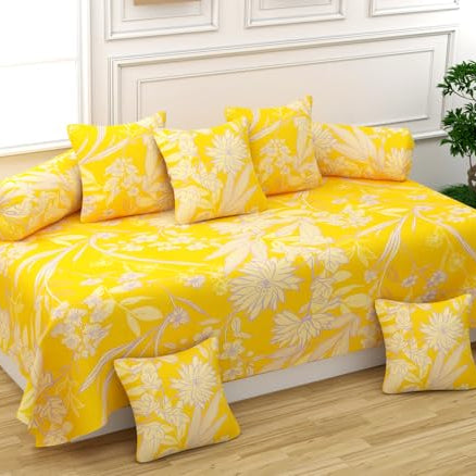 ZAYVA HOME Merino Glace Cotton 8 Pieces Floral Diwan Set (1 Single Bedsheet, 2 Bolster Covers, 5 Cushion Covers) (Yellow)