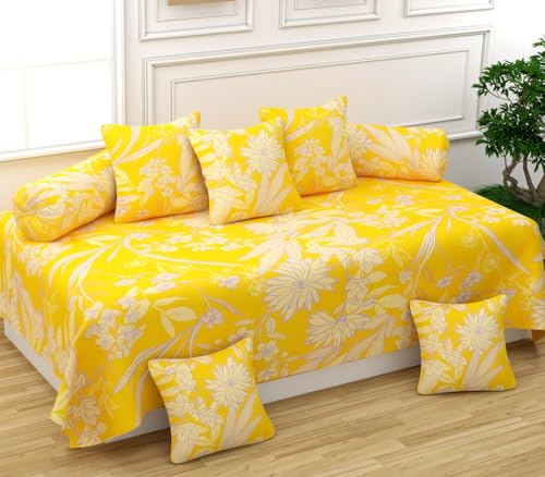 ZAYVA HOME Merino Glace Cotton 8 Pieces Floral Diwan Set (1 Single Bedsheet, 2 Bolster Covers, 5 Cushion Covers) (Yellow)