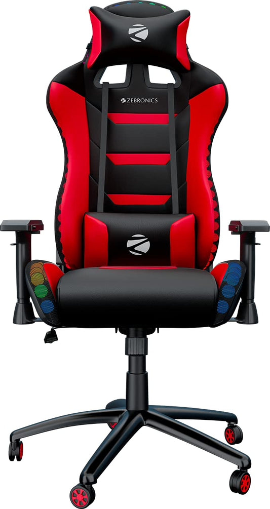 ZEBRONICS Faux Leather Zeb-Gc3000 Premium Gaming Chair with RGB Lights, 4D Armrest, 90-180 Degree Backrest, Neck & Lumbar Cushion, Adjustable Height, 360 Swivels & Casters, Large, Black