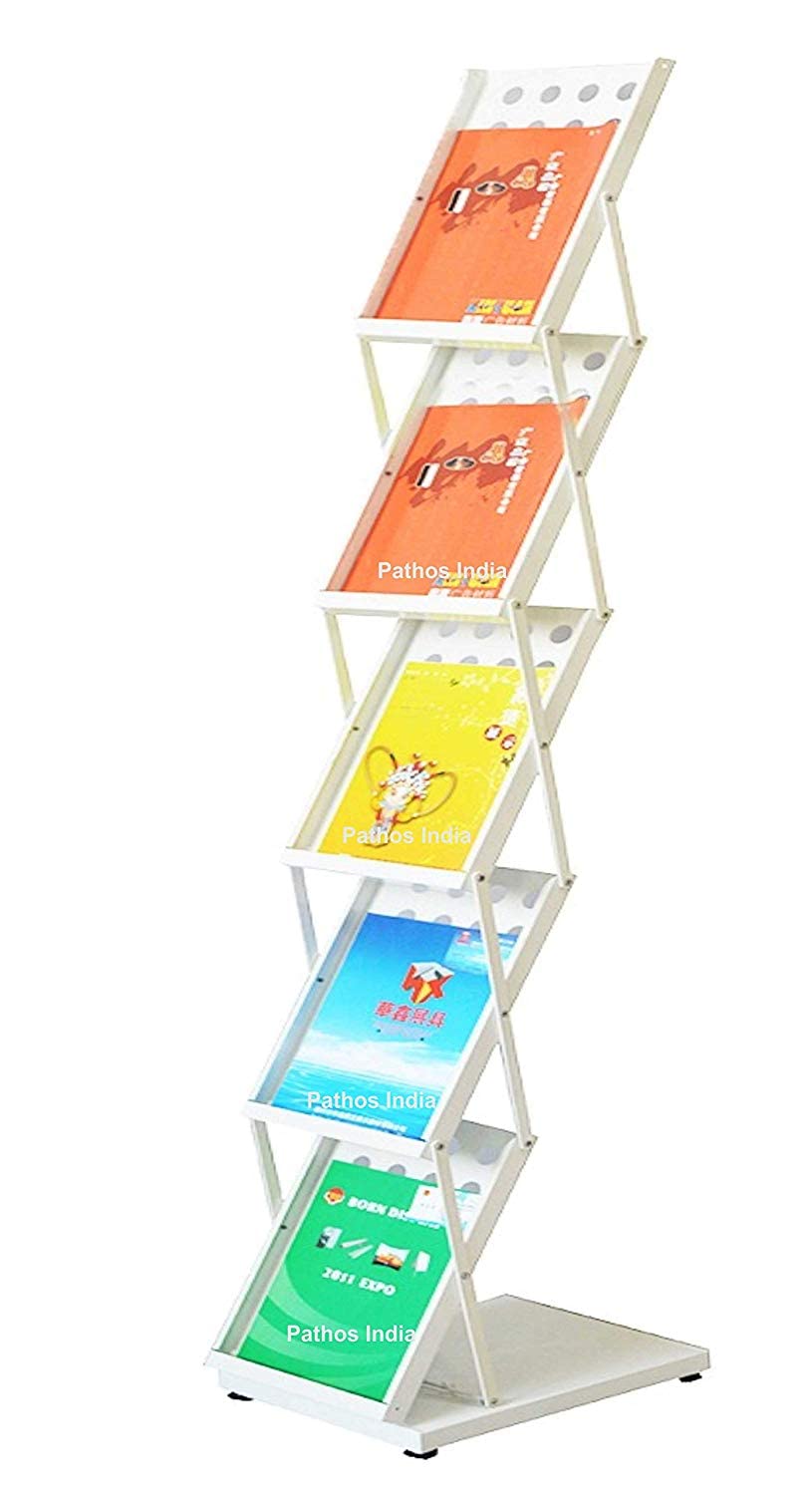 Pathos India A4 Metal Portable Brochure Folding Zigzag Catalogue/Magazine/Leaflet/Literature Stand Rack Magazine (White)