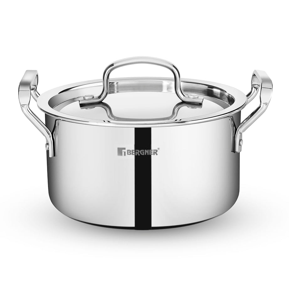 Bergner Tripro Triply 22 cm Casserole, 4.2 L Capacity, Stainless Steel Lid, For Biryani/Pulao/Halwa/Curries, Wide Handles, Induction & Gas Ready, Laser-Etched Scale, Multi-Layered & Polished, 5-Year Warranty