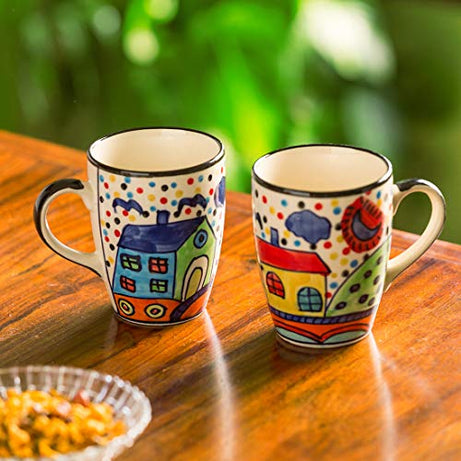 ExclusiveLane 'Hut Handpainted' Ceramic Tea Cups Set & Ceramic Coffee Mugs Set of 2 (270 ML, Microwave & Dishwasher Safe) |Serving Tea Mugs Ceramic Mugs for Coffee Milk Mug Coffee Cup Drinkware