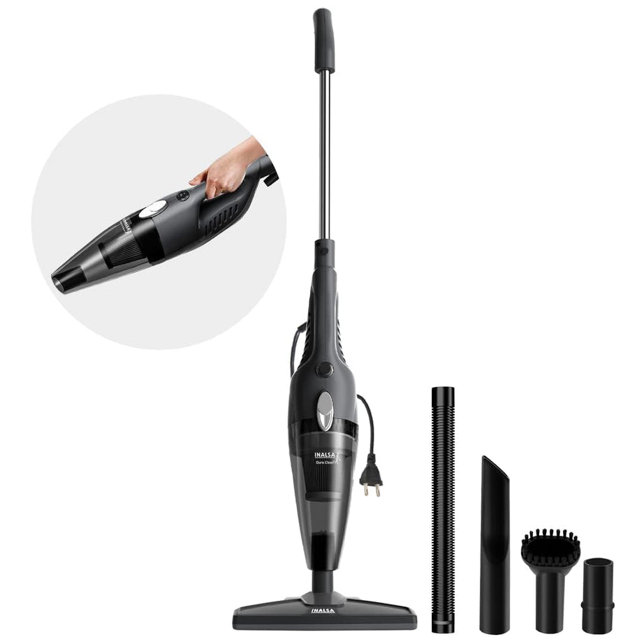 INALSA Vacuum Cleaner for Home|2-in-1 Handheld & Stick Upright Vacuum for Office,800 W with 16KPA Strong Suction|HEPA Filtration|0.8L Dust Tank|Multiple Accessories,(Grey/Black)-Dura Clean Plus