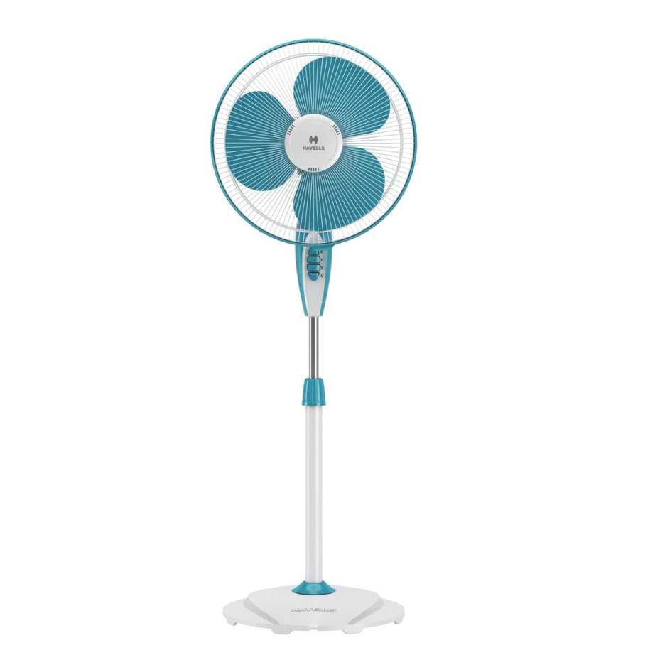 Havells Gatik Neo 400mm Oscillating Pedestal Fan | Upto 2 hours timer, auto OFF, Elegant look, 4 speed control | High Air Delivery | Aesthetic Design, Telescopic Arrangement | (Pack of 1, White Blue)