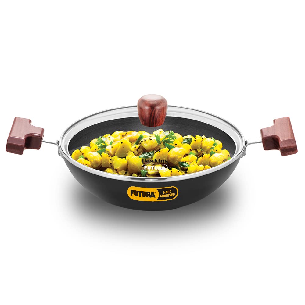 Hawkins Futura 1.5 Litre Deep Fry Pan, Hard Anodised Kadai with Glass Lid, Round Bottom Kadhai, Small Kadai, Black (AK15G)