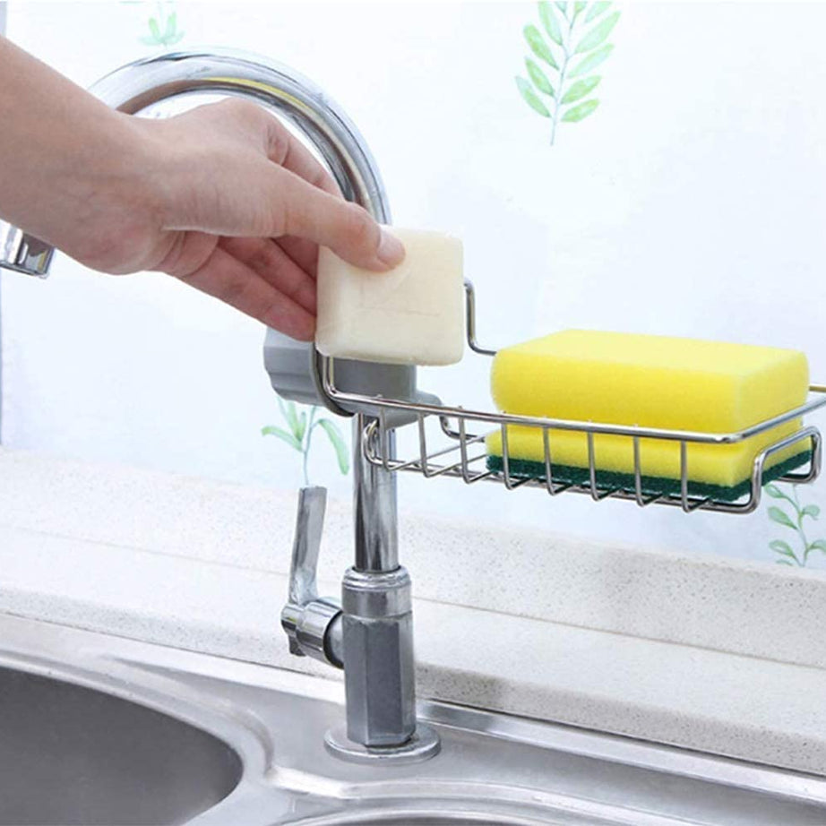 Styxon Stainless Steel Kitchen and Bathroom Faucet Soap Scrubbers Sponge Holder Rack Hanging Sink Organizer Stand Caddy Rack Towel Holder Faucet Caddy for Bathroom Shelf