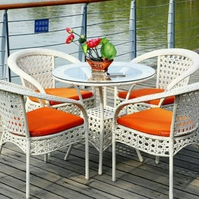 Prathamindia Official Store 4+1 Outdoor Indoor Patio Furniture Sets Rattan Chair, Wicker Conversation Set Poolside Lawn Chairs Swingarea Balcony (White & Orange Cushion) 50 x 50 x 66 Cm