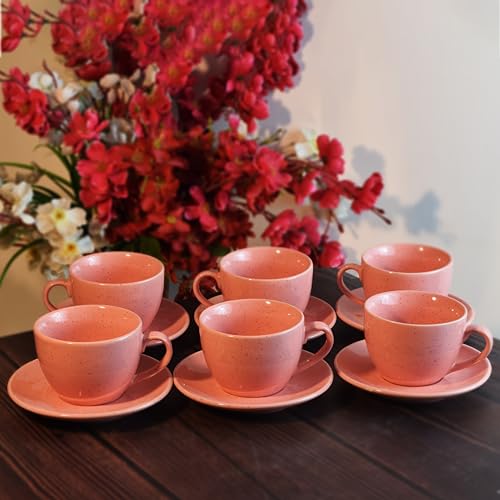 KANSAL'S Handprinted Premium Ceramic Pink Glossy Pattern Coffee Tea Cups Set of 6 with Saucer | Ideal Gift to Friends & Relatives | 180 ML | Set of 12 (6 Cups, 6 Saucers)