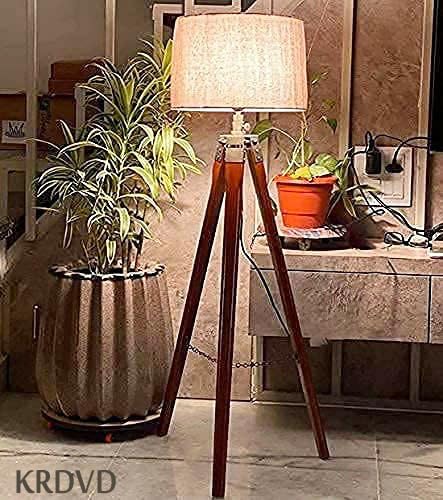 KRDVD Tripod Floor Lamp | Antique Designed Jute Fabric with Khadi Shade Decorative Wooden Crafter Standing LED Floor Lamp for Living Room, Bed Room and Office, Standard