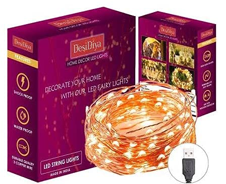 DesiDiya Copper Fairy String Lights with USB Powered Led Light for Home Decoration (5 Meters,Pack of 1,Corded Electric)