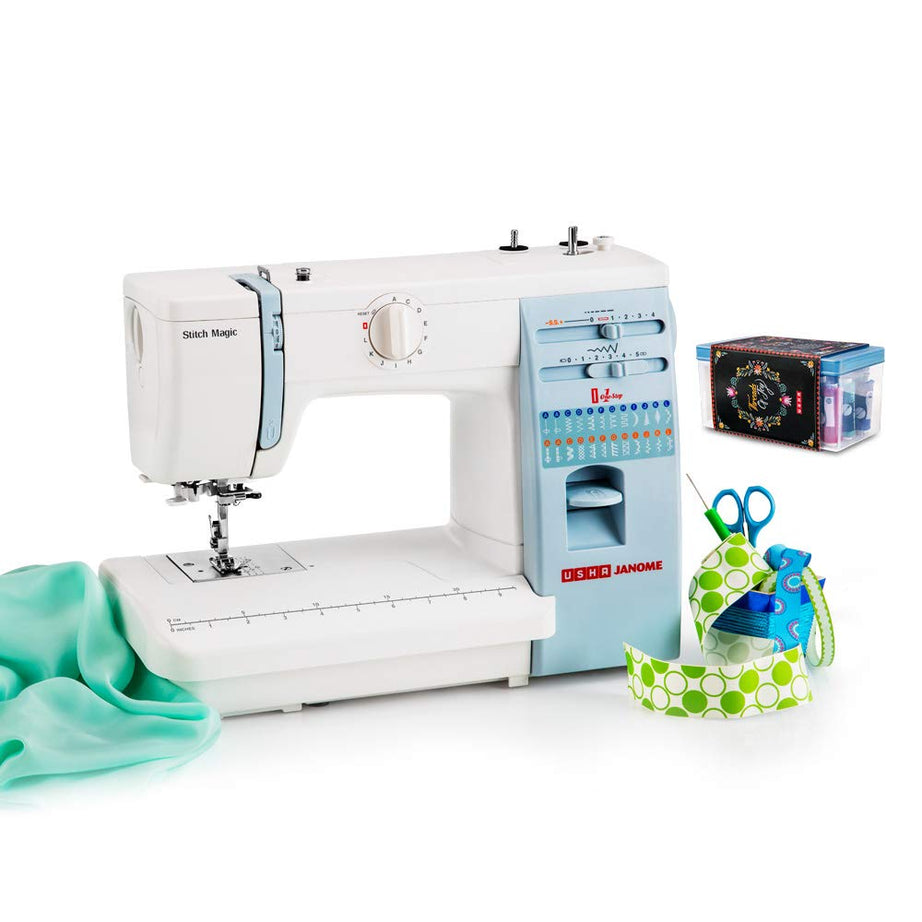 Usha Janome Stitch Magic Automatic Zig-Zag Electric Sewing Machine || 23 Built-in-Stitches || 57 Stitch Function(White and Blue) with Complementary Sewing Lessons in Nine Languages