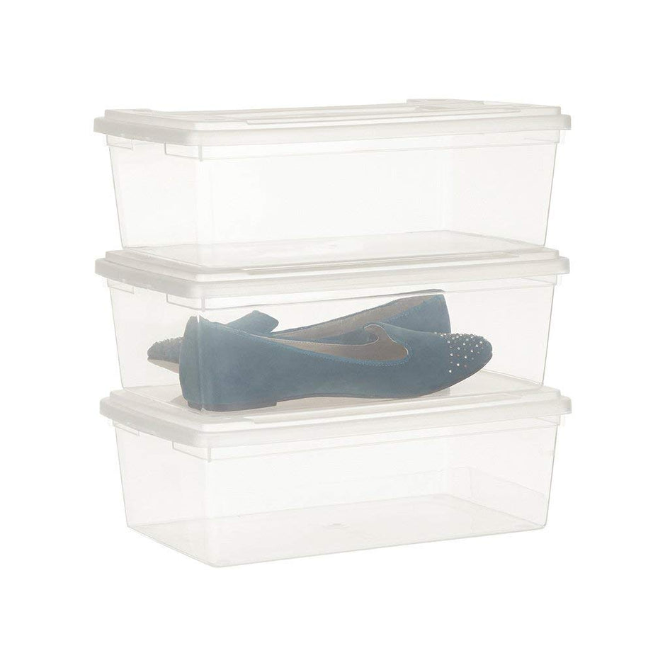 NOW & ZEN Set of 3 Plastic Rectangular Stackable Shoe Organizer Storage Container Boxes Case with Lid - Multipurpose Storage Bin, Clear - 5.5 L, (33.5 x 21 x 10) CM