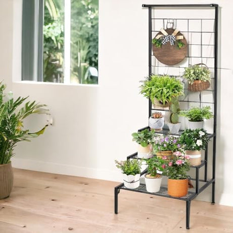 ecofynd Bloom Plant Stand for Balcony, Metal Planter Stand for Outdoor Plants, 4 Tier High Flower Pot Holder, 3 Steps Plant Stand, Big Rack for Home Garden (PS007-BLK)