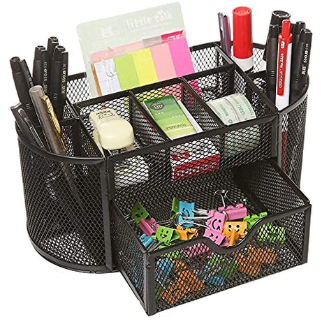 Callas Metal Mesh Upgraded Desk Organizer | Useful Mesh Office Supplies Accessories Essentials Caddy With Drawer For Home & Office | Desktop Organization & Décor | Black | 708-05| Stationery