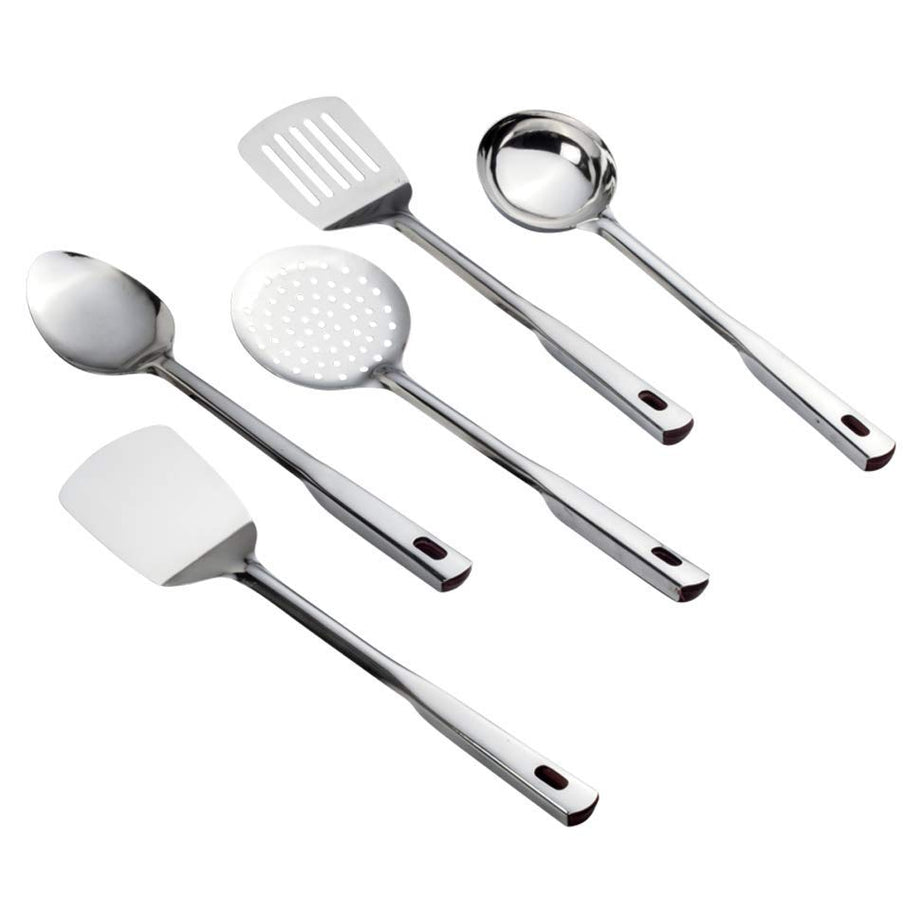 Parage Premium Stainless Steel Kitchen Tool Set for Cooking, Set of 5, Silver (Contains: 1 Ladle, 1 Skimmer,1 Turner, 1 Spatula, 1 Slotted Turner) (Design 2)