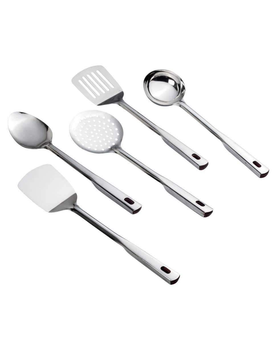 Parage Premium Stainless Steel Kitchen Tool Set for Cooking, Set of 5, Silver (Contains: 1 Ladle, 1 Skimmer,1 Turner, 1 Spatula, 1 Slotted Turner) (Design 2)