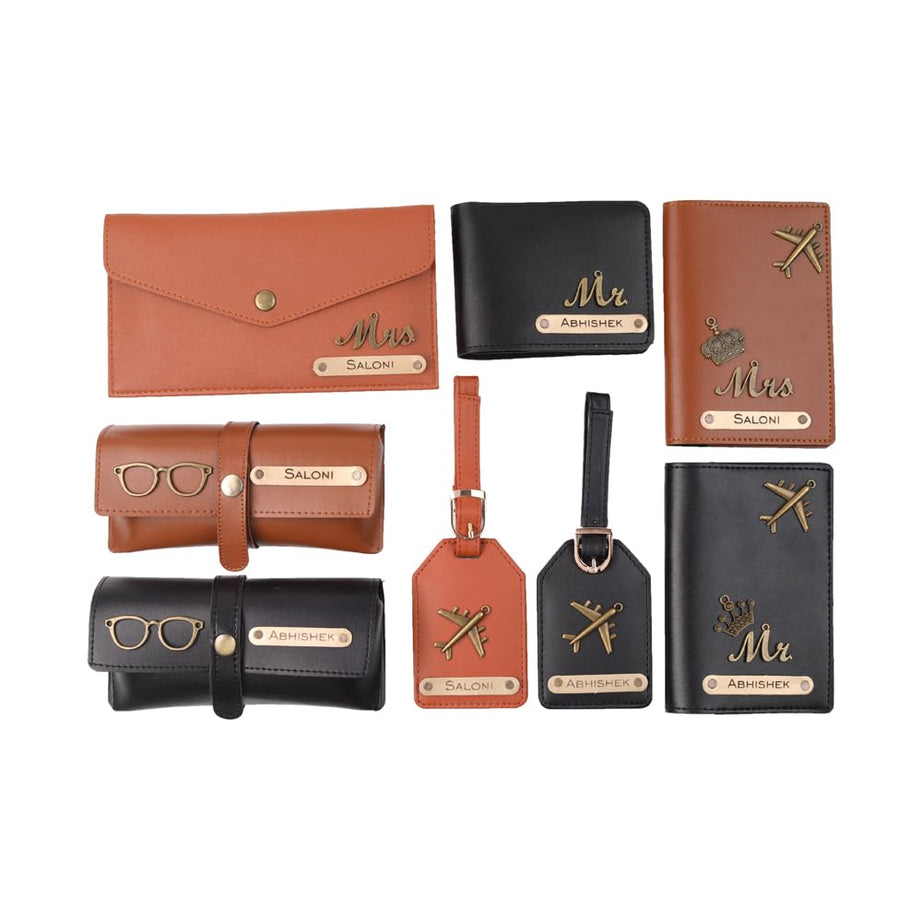 AICA Personalised Name, Charm & Color Couple Leather Wallet 8Pcs Gift Set For Men & Women |Marriage Wedding Anniversary Gift For Couples Friend Husband Wife,Brown