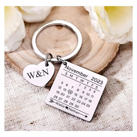 Personalized Calendar Keychain - Engraved Anniversary Birthday Date and Message - Stainless Steel - Gift for Him, Her, Husband, Wife, Boyfriend, Girlfriend - Special Date Reminder Keyring (C03)