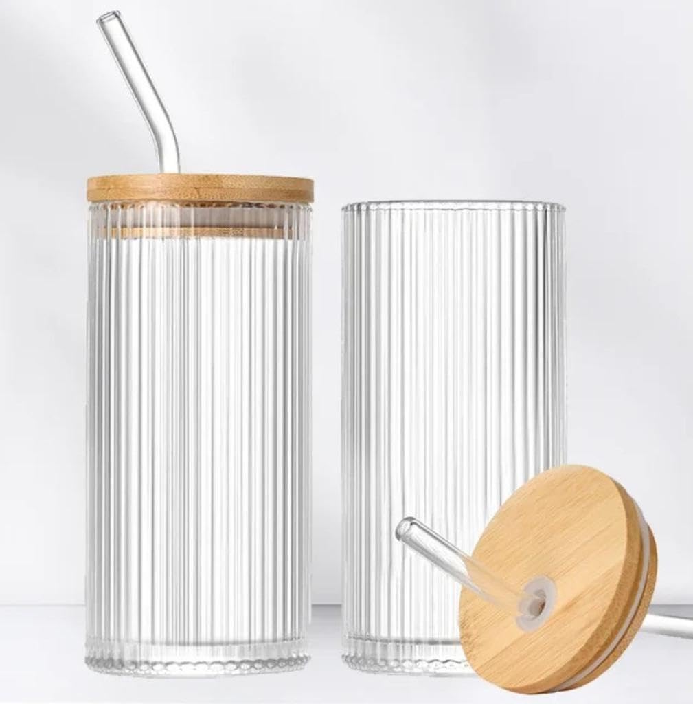 VERONIZA Premium 420ml Beer Can-Shaped Glasses with Wooden Lids & Glass Straw,Versatile Usage for Iced Coffee, Smoothies, and Tumbler Beverages - Reusable Cup Drinking Glass Set of 2