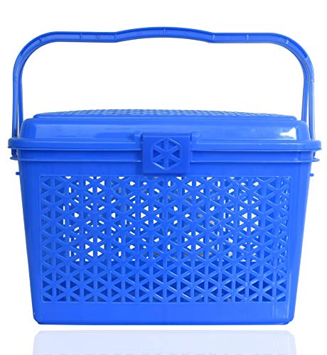 Kuber Industries Trendy Shopping/Storage Basket with Handles|Solid Plastic Big Bin|Handles Plus Lid|Size 30 x 41 x 28 (Blue)-KUBMART11098