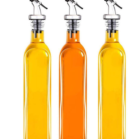 STAR WORK-Glass Oil Dispenser Bottle for Kitchen | Stainless Steel Leak-Proof Cork | Transparent Oil Pourer and Holder 500ml (combo pack of 3)