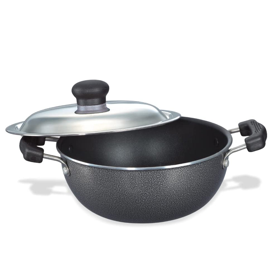 Prestige Omega Select Plus Aluminium Non-Stick Flat Base Kadhai with Lid, 27 cm, Black