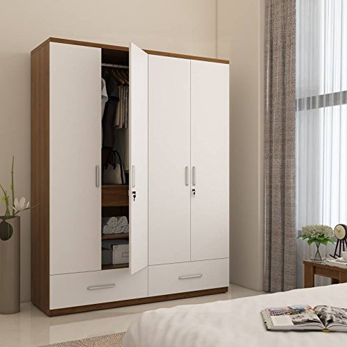 HEKAMI interiors 4 Door Wardrobe with 3 Drawers and 1 Locker (White high Gloss+ Natural Walnut)