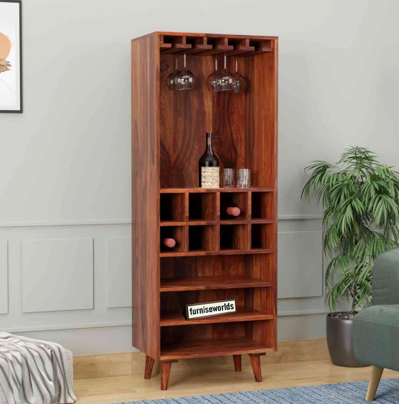 Wood World Furniture Wooden Bar Cabinet for Home Rack Hard and Soft Drinks Drawer Storage Solid Sheesham Wood Bar Cabinets for Living Room Wine Wisky Scotch All Type Drinks (Honey Brown)