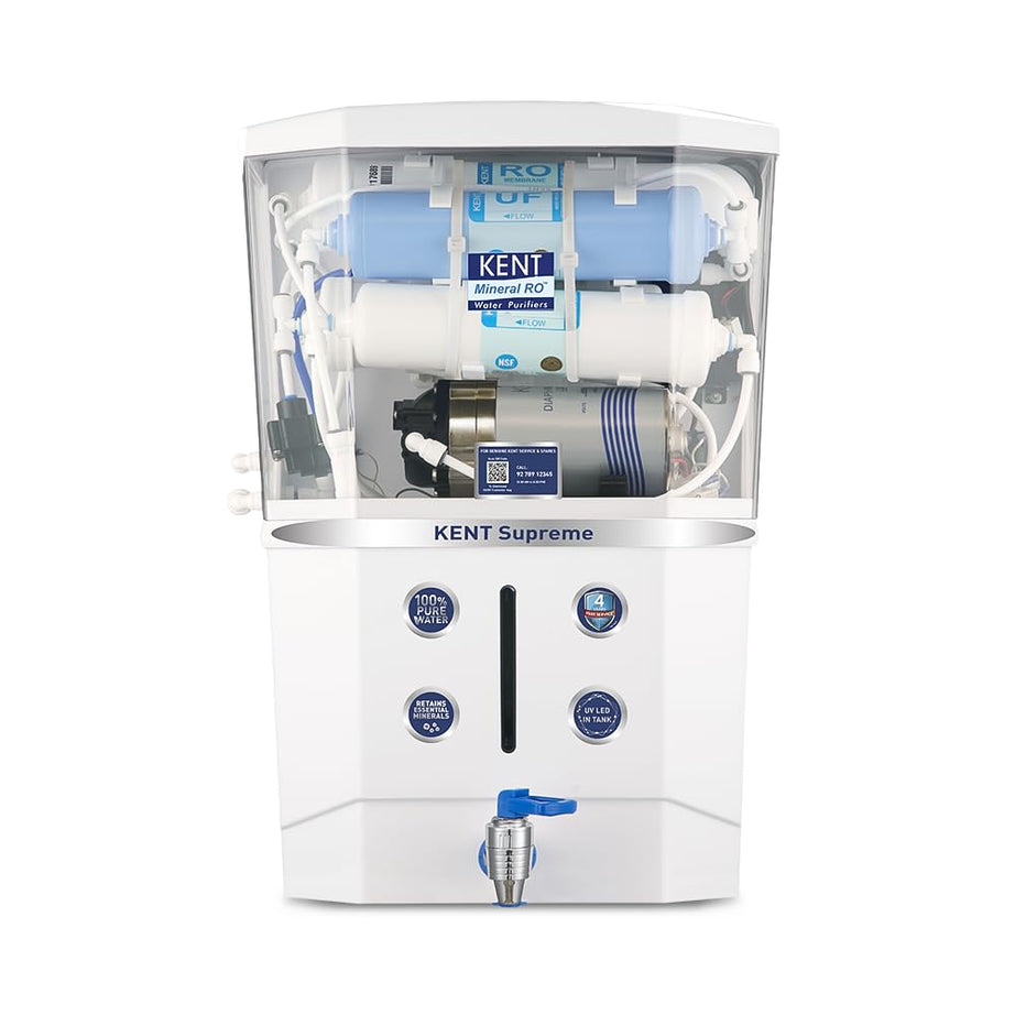 KENT Supreme RO Water Purifier | INR 1000 Off on Exchange | 4 Years Free Service | ISI Marked | Multiple Purification Process | RO + UF + TDS Control + UV LED Tank | 8L Tank | 20 LPH Flow